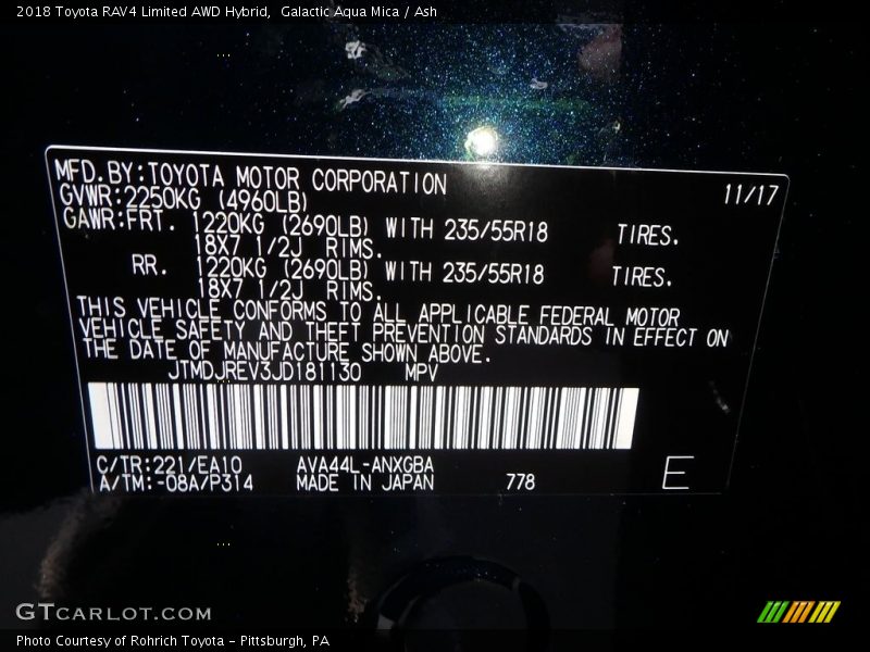 2018 RAV4 Limited AWD Hybrid Galactic Aqua Mica Color Code 221