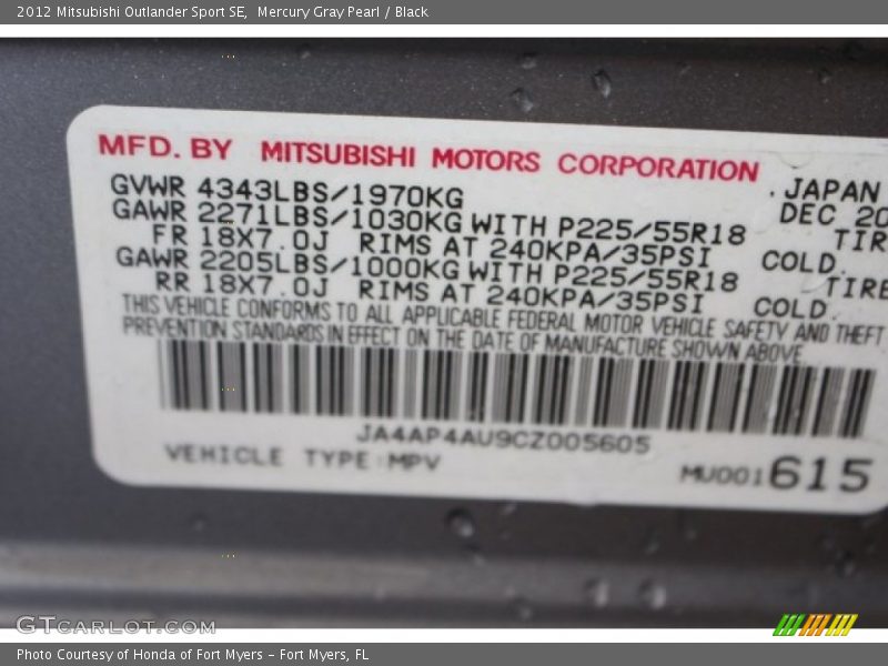 Mercury Gray Pearl / Black 2012 Mitsubishi Outlander Sport SE