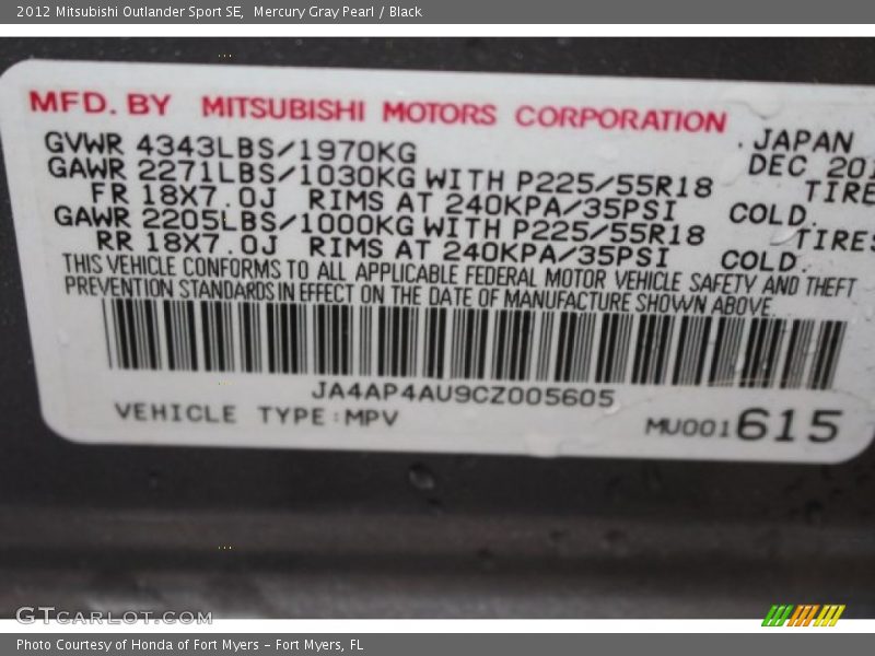 Mercury Gray Pearl / Black 2012 Mitsubishi Outlander Sport SE