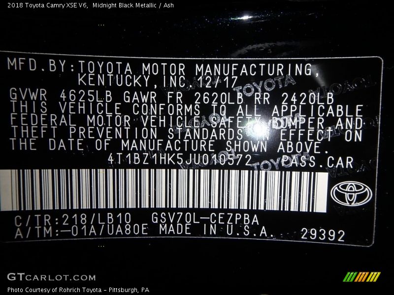 2018 Camry XSE V6 Midnight Black Metallic Color Code 218