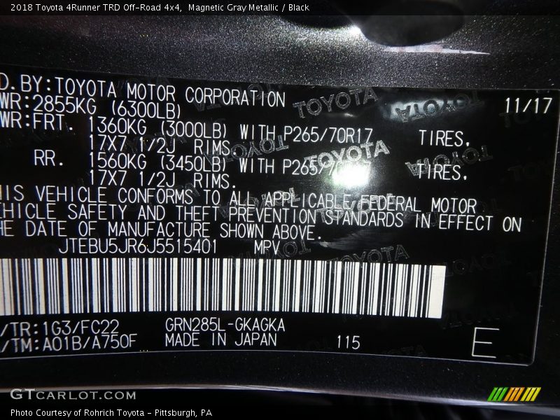 2018 4Runner TRD Off-Road 4x4 Magnetic Gray Metallic Color Code 1G3