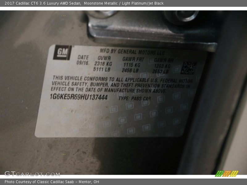 Moonstone Metallic / Light Platinum/Jet Black 2017 Cadillac CT6 3.6 Luxury AWD Sedan