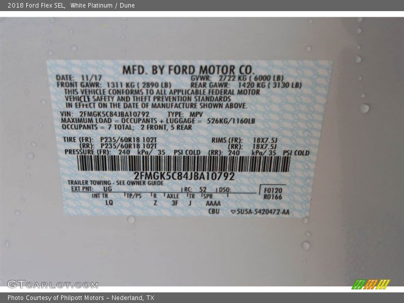 2018 Flex SEL White Platinum Color Code UG