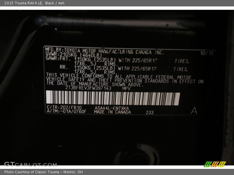 Black / Ash 2015 Toyota RAV4 LE