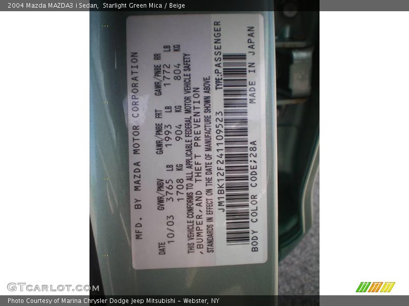 Starlight Green Mica / Beige 2004 Mazda MAZDA3 i Sedan