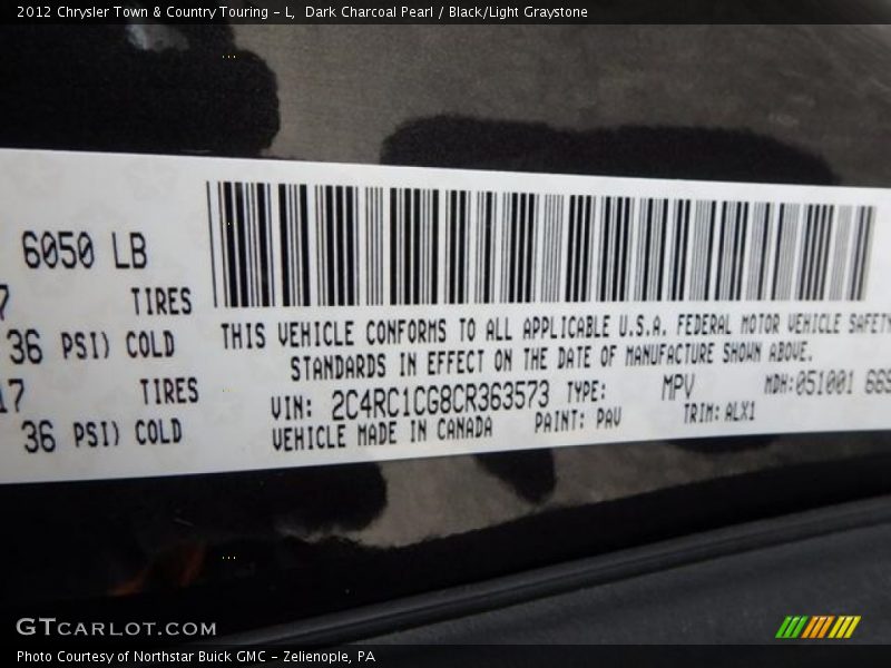 Dark Charcoal Pearl / Black/Light Graystone 2012 Chrysler Town & Country Touring - L