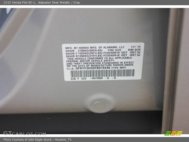 Alabaster Silver Metallic / Gray 2015 Honda Pilot EX-L