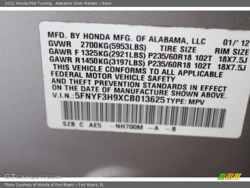 Alabaster Silver Metallic / Black 2012 Honda Pilot Touring