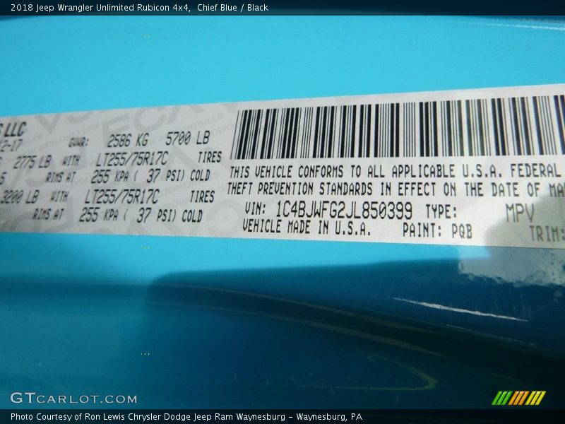 2018 Wrangler Unlimited Rubicon 4x4 Chief Blue Color Code PQB