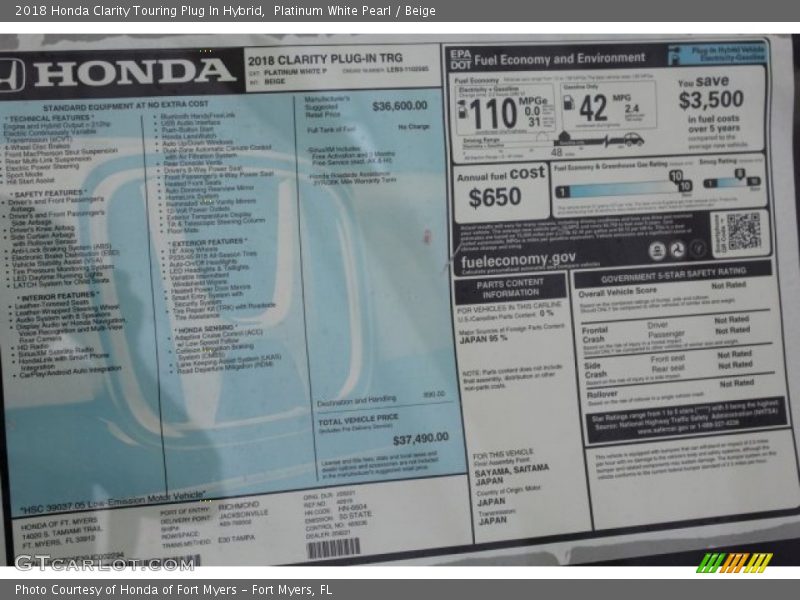  2018 Clarity Touring Plug In Hybrid Window Sticker