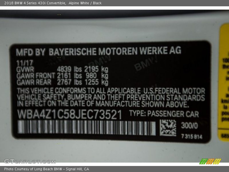 Alpine White / Black 2018 BMW 4 Series 430i Convertible