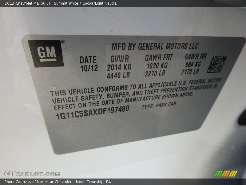 Summit White / Cocoa/Light Neutral 2013 Chevrolet Malibu LT