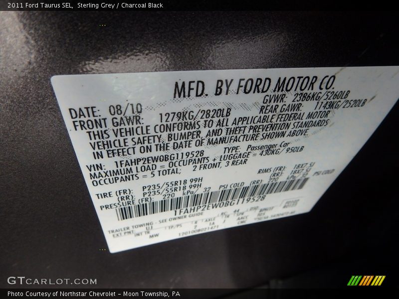 Sterling Grey / Charcoal Black 2011 Ford Taurus SEL