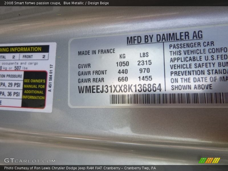 Blue Metallic / Design Beige 2008 Smart fortwo passion coupe