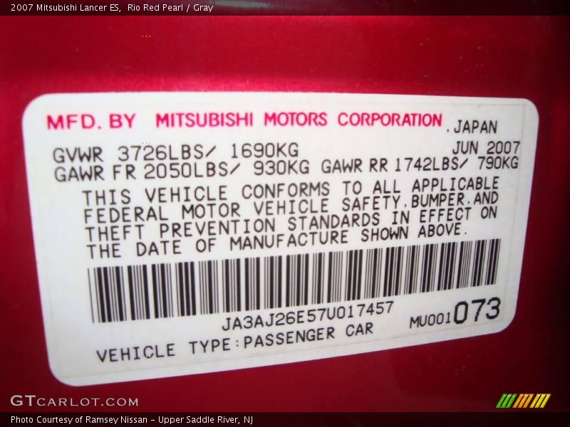Rio Red Pearl / Gray 2007 Mitsubishi Lancer ES