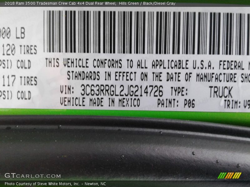 2018 3500 Tradesman Crew Cab 4x4 Dual Rear Wheel Hills Green Color Code P06