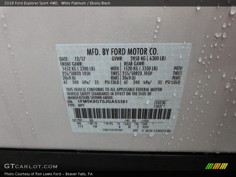 2018 Explorer Sport 4WD White Platinum Color Code UG