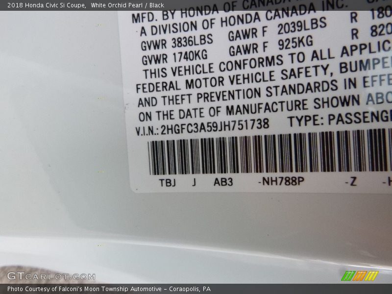 2018 Civic Si Coupe White Orchid Pearl Color Code NH788P