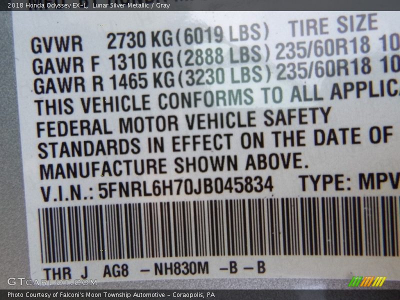 Lunar Silver Metallic / Gray 2018 Honda Odyssey EX-L