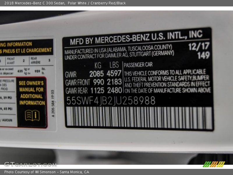 Polar White / Cranberry Red/Black 2018 Mercedes-Benz C 300 Sedan