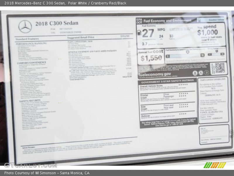 Polar White / Cranberry Red/Black 2018 Mercedes-Benz C 300 Sedan