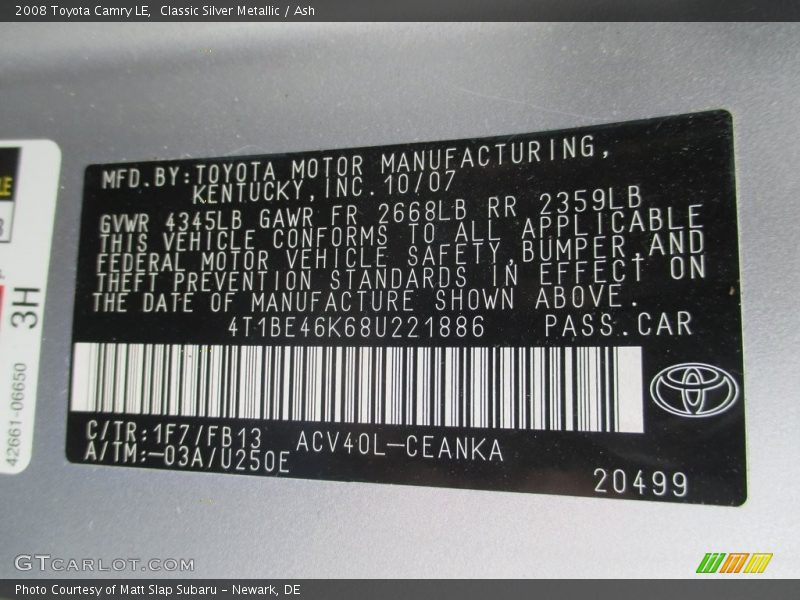 Classic Silver Metallic / Ash 2008 Toyota Camry LE