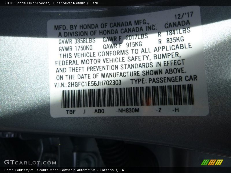 Lunar Silver Metallic / Black 2018 Honda Civic Si Sedan