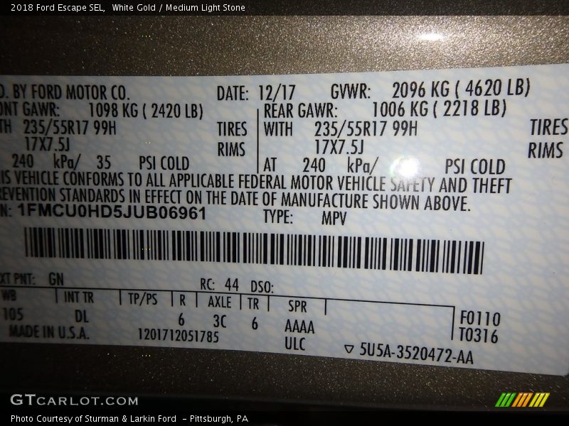 White Gold / Medium Light Stone 2018 Ford Escape SEL