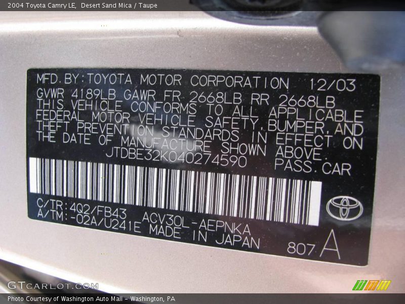 Desert Sand Mica / Taupe 2004 Toyota Camry LE