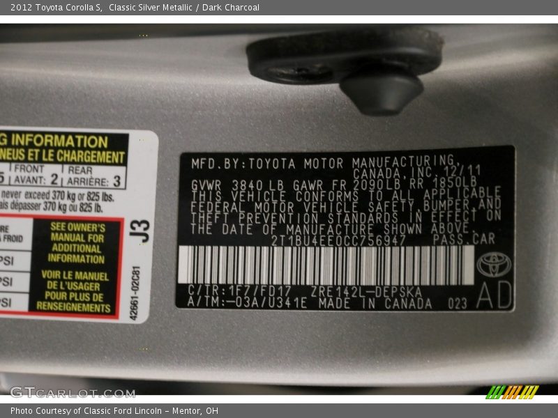 Classic Silver Metallic / Dark Charcoal 2012 Toyota Corolla S