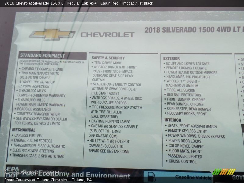  2018 Silverado 1500 LT Regular Cab 4x4 Window Sticker