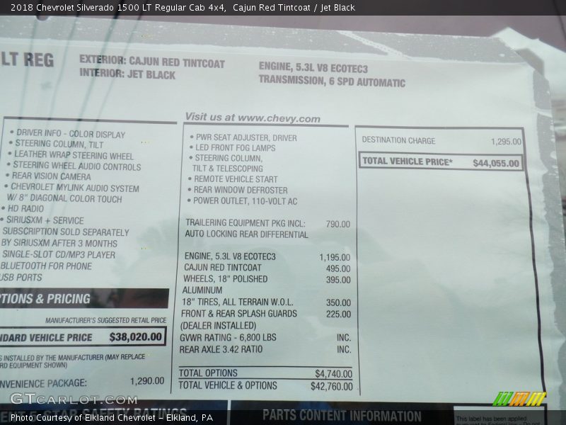  2018 Silverado 1500 LT Regular Cab 4x4 Window Sticker