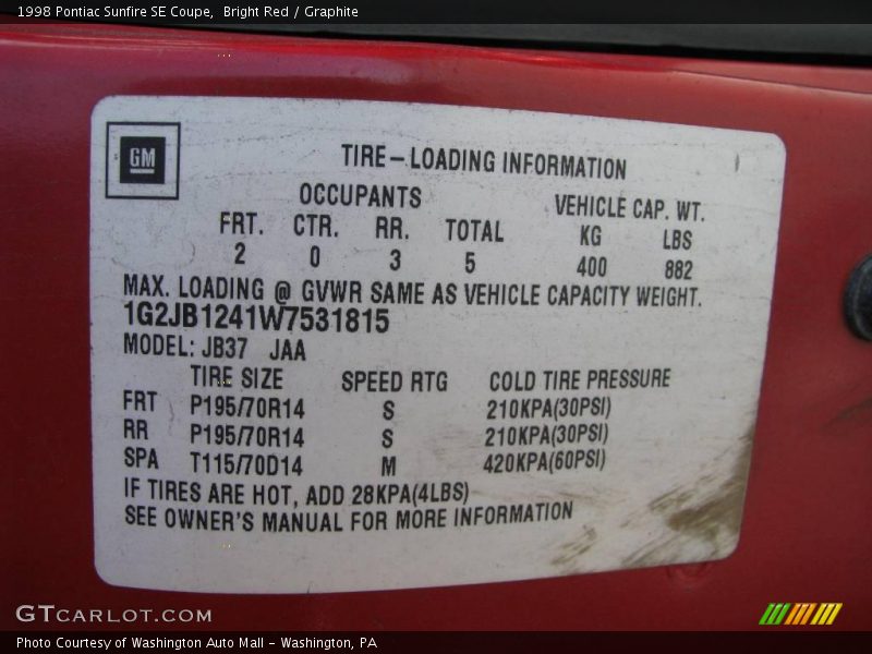 Bright Red / Graphite 1998 Pontiac Sunfire SE Coupe