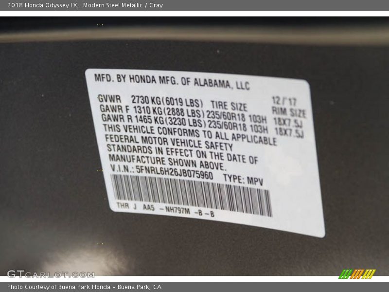 Modern Steel Metallic / Gray 2018 Honda Odyssey LX