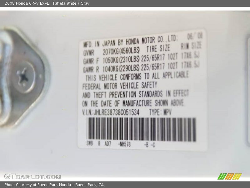 Taffeta White / Gray 2008 Honda CR-V EX-L