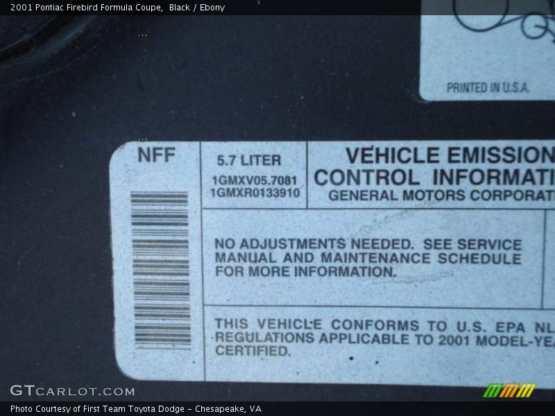 Black / Ebony 2001 Pontiac Firebird Formula Coupe
