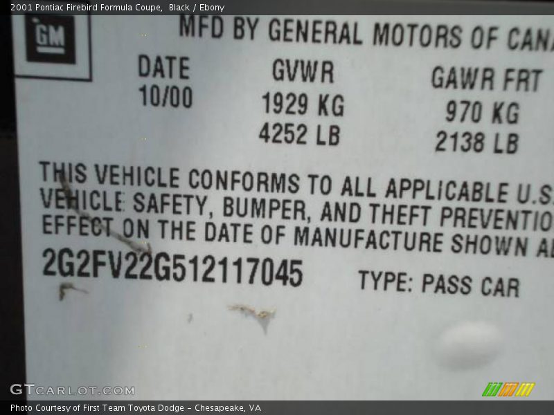 Black / Ebony 2001 Pontiac Firebird Formula Coupe