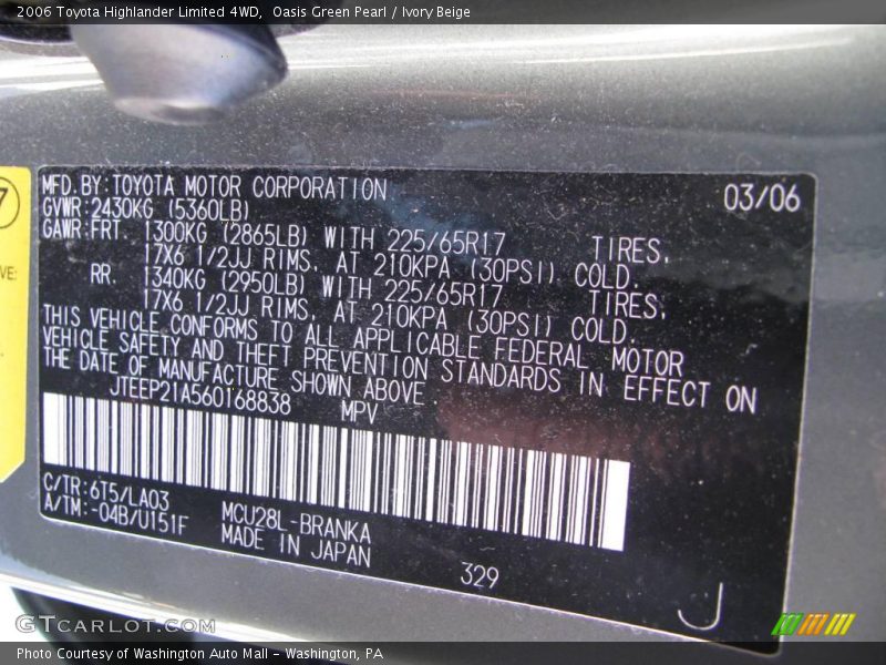 Oasis Green Pearl / Ivory Beige 2006 Toyota Highlander Limited 4WD
