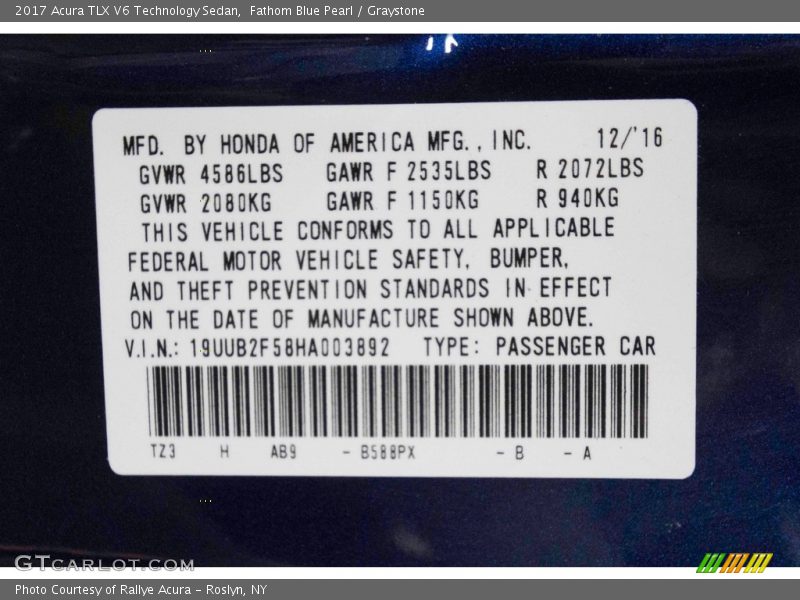 Fathom Blue Pearl / Graystone 2017 Acura TLX V6 Technology Sedan