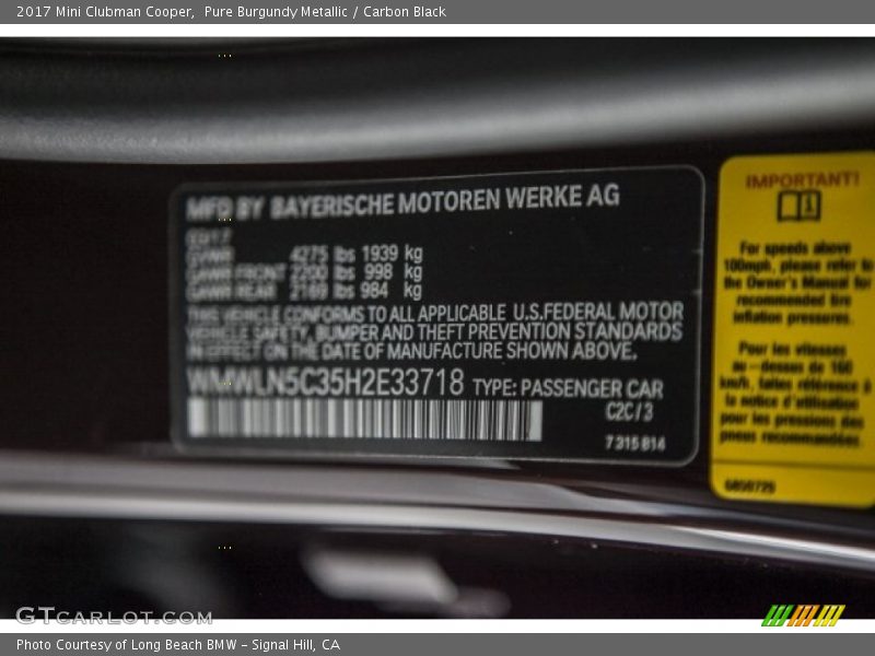 Pure Burgundy Metallic / Carbon Black 2017 Mini Clubman Cooper