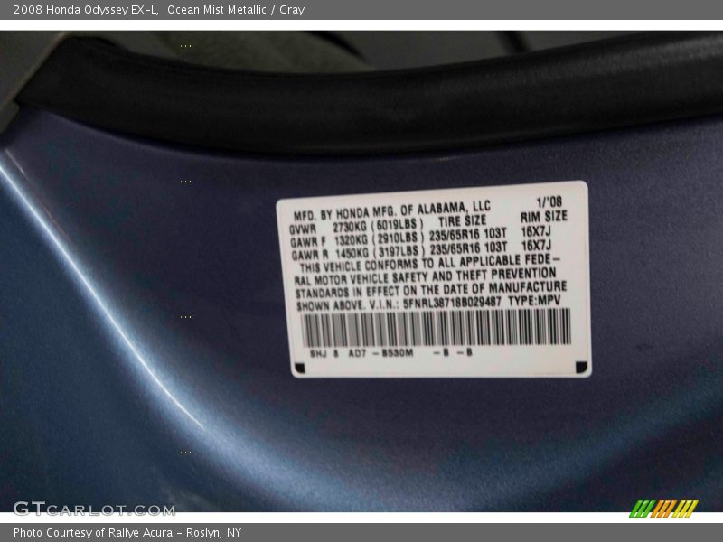Ocean Mist Metallic / Gray 2008 Honda Odyssey EX-L