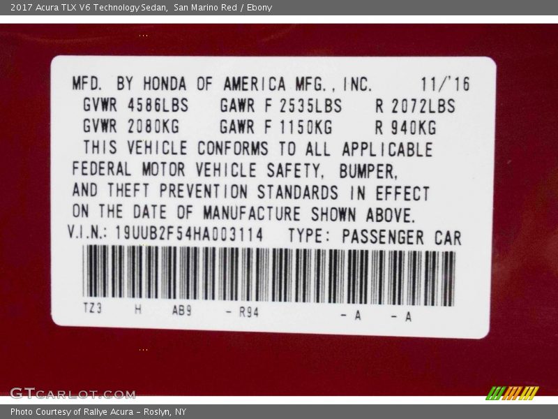 San Marino Red / Ebony 2017 Acura TLX V6 Technology Sedan