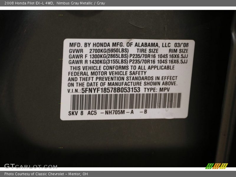 Nimbus Gray Metallic / Gray 2008 Honda Pilot EX-L 4WD