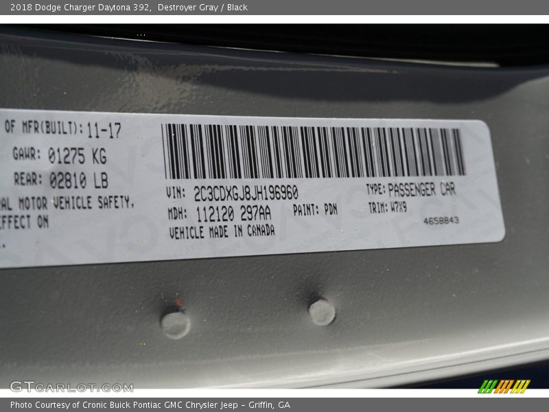 Destroyer Gray / Black 2018 Dodge Charger Daytona 392