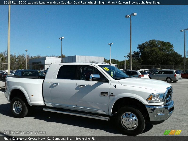 Bright White / Canyon Brown/Light Frost Beige 2018 Ram 3500 Laramie Longhorn Mega Cab 4x4 Dual Rear Wheel