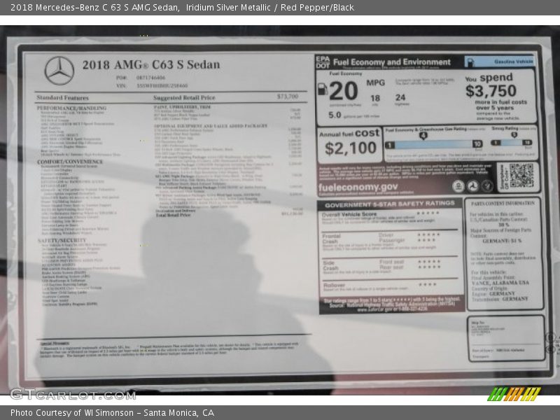 2018 C 63 S AMG Sedan Window Sticker