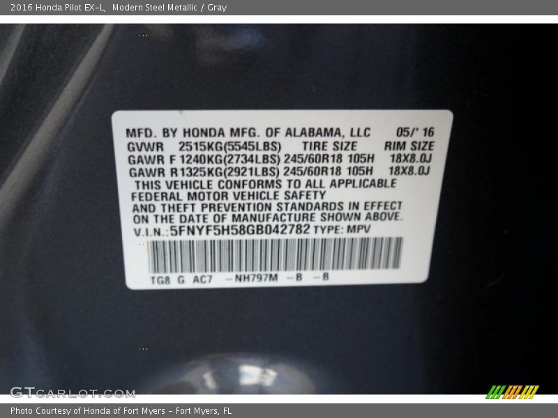 Modern Steel Metallic / Gray 2016 Honda Pilot EX-L