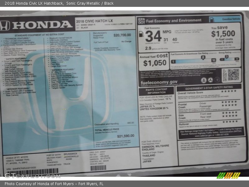 Sonic Gray Metallic / Black 2018 Honda Civic LX Hatchback
