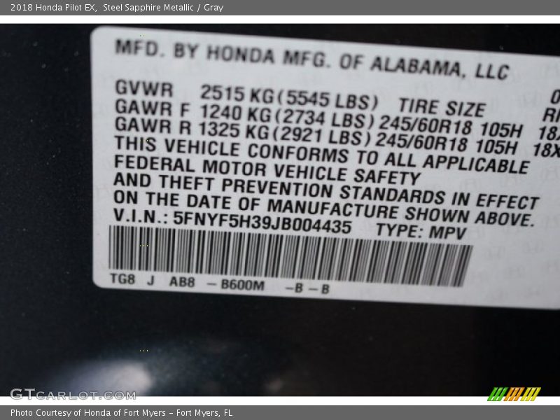 Steel Sapphire Metallic / Gray 2018 Honda Pilot EX