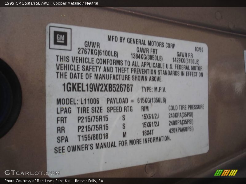 Copper Metallic / Neutral 1999 GMC Safari SL AWD